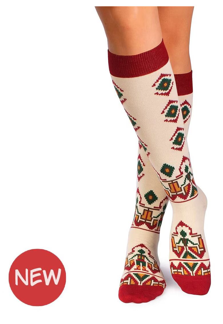 Pirin Hill Sosete dama lungi 3/4 din bumbac cu motive traditionale romanesti Ecru