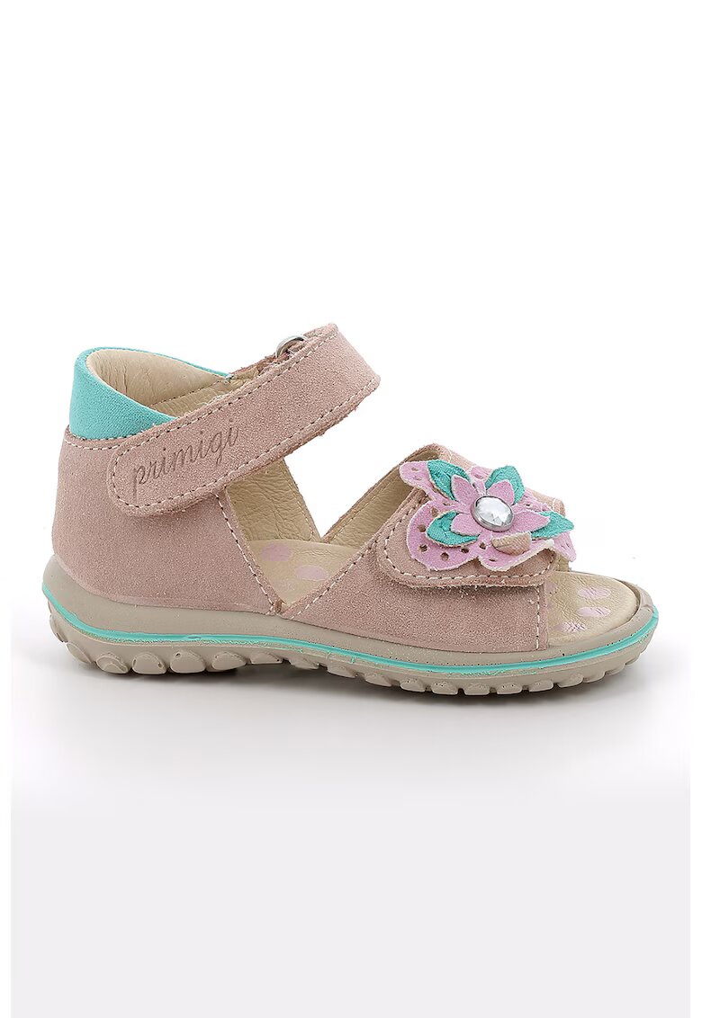Primigi Sandale din piele intoarsa cu inchidere velcro si aplicatie cu model floral - Roz pastel/Roz prafuit/Verde persan