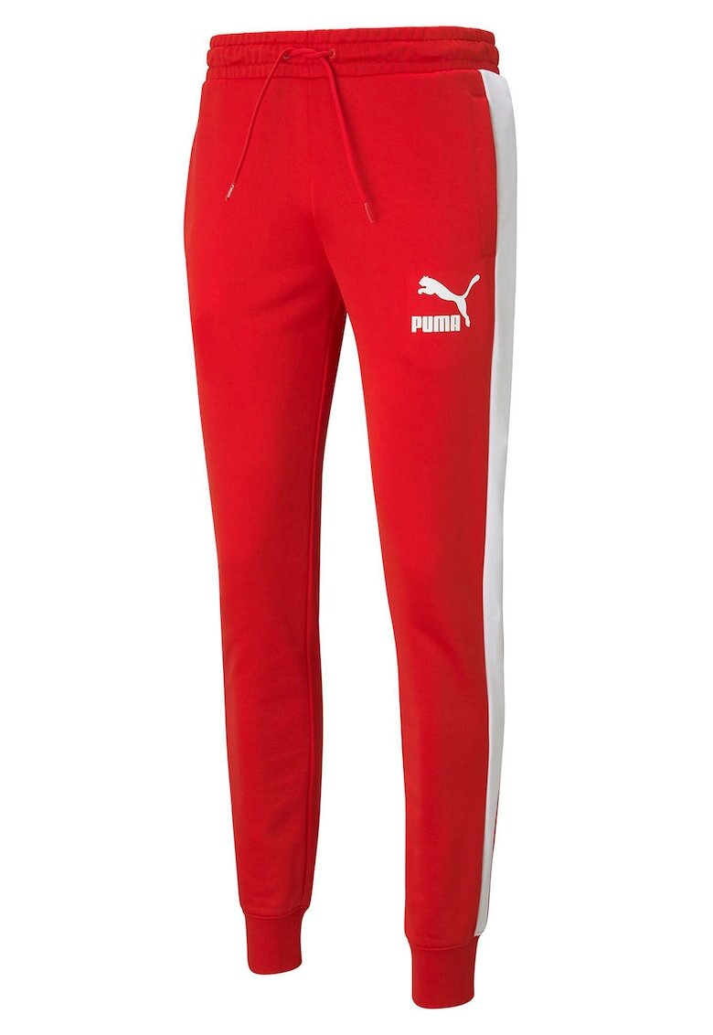 Puma Pantaloni sport cu benzi laterale contrastante Iconic T7 - Alb/Rosu vermillion