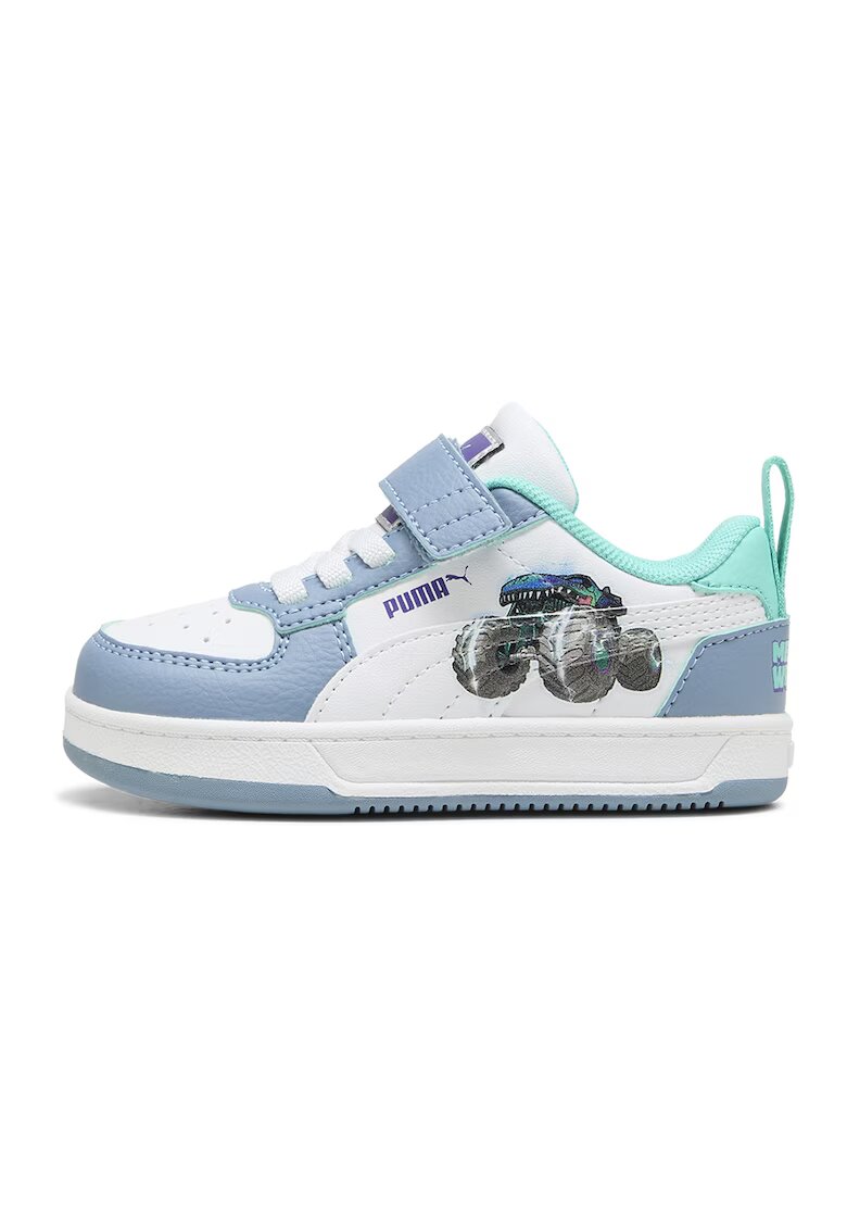 Puma Pantofi sport Caven 2.0 Hot Wheels de piele ecologica cu imprimeu Monster Trucks - Alb/Albastru pastel