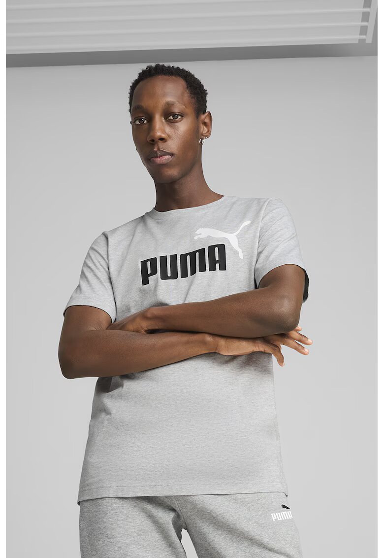 Puma Tricou cu decolteu la baza gatului si imprimeu logo Essentials 2 - Alb/Negru/Gri melange