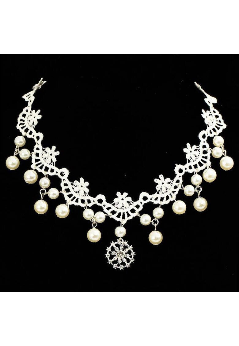 Pursehuit Accesoriu de frunte - argintiu - cu dantela alba si perlute - Annalise C6 -