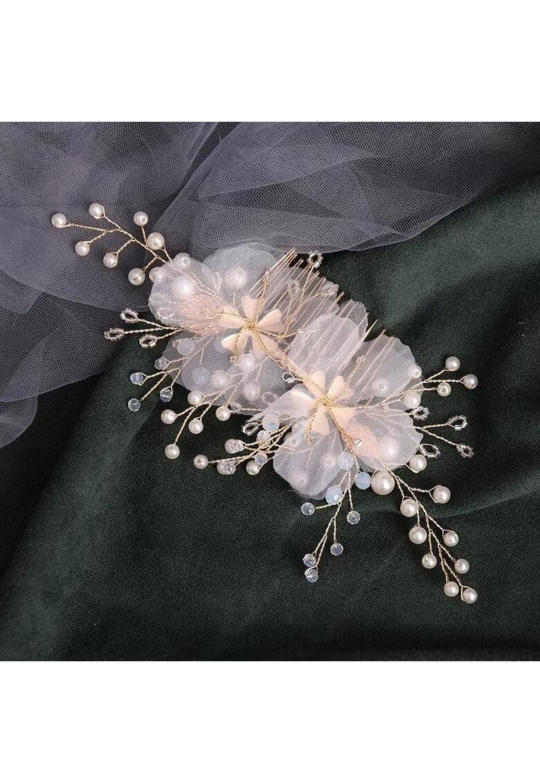 Pursehuit Accesoriu de par - auriu - cu flori albe si perlute - Embla C15 -
