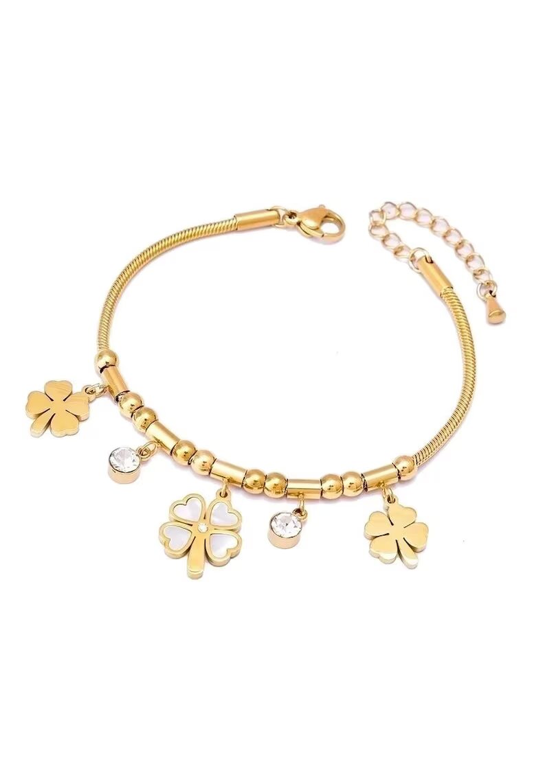 Pursehuit Bratara aurie din otel inoxidabil placat cu aur 18K PVD - cu trifoi si pietre - Isakine C5