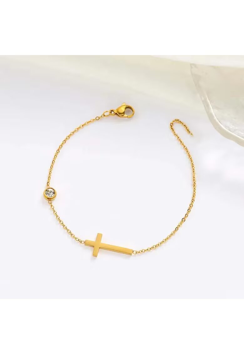 Pursehuit Bratara aurie din otel inoxidabil placat cu aur 18K PVD - cu zirconiu si cruciulita - Jevanna C5