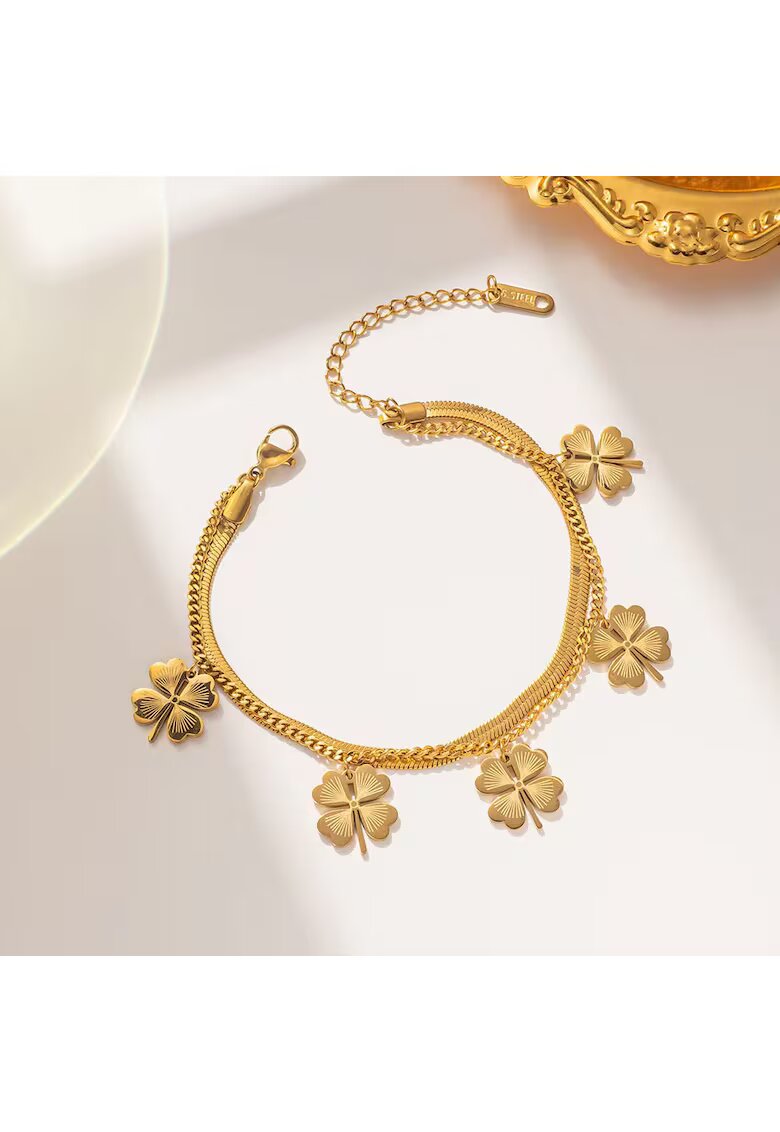 Pursehuit Bratara aurie din otel inoxidabil placat cu aur 18K PVD - in doua straturi - cu trifoi - Isaka C5