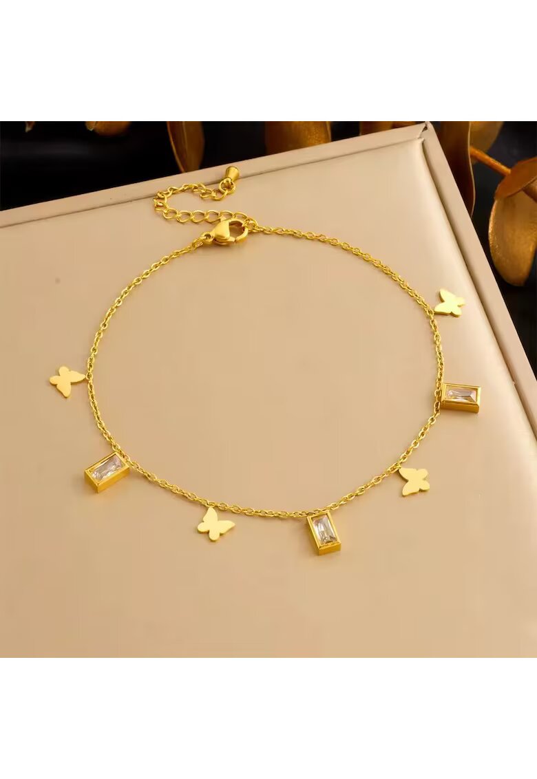 Pursehuit Bratara de picior - aurie din otel inoxidabil placat cu aur 18K PVD - cu fluturasi si pietre - Aapo C4
