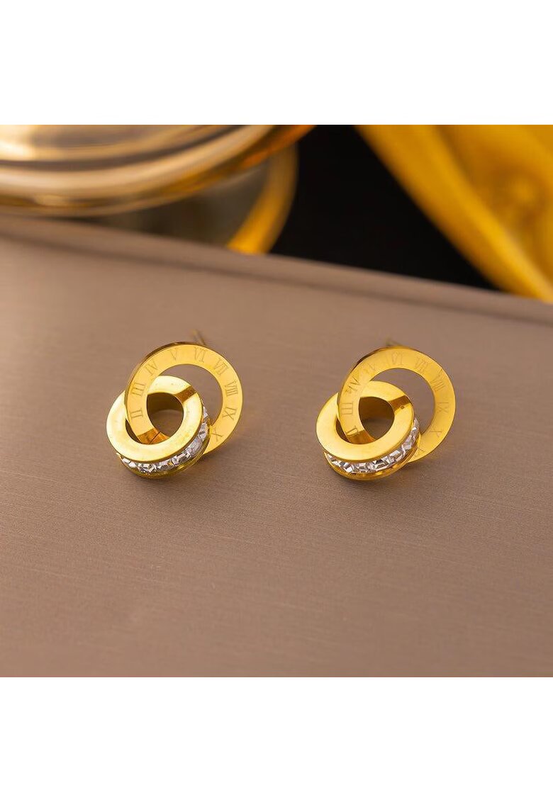 Pursehuit Cercei aurii din otel inoxidabil placat cu aur 18K PVD - cu cerculete imbinate si zirconiu - Gerry C10