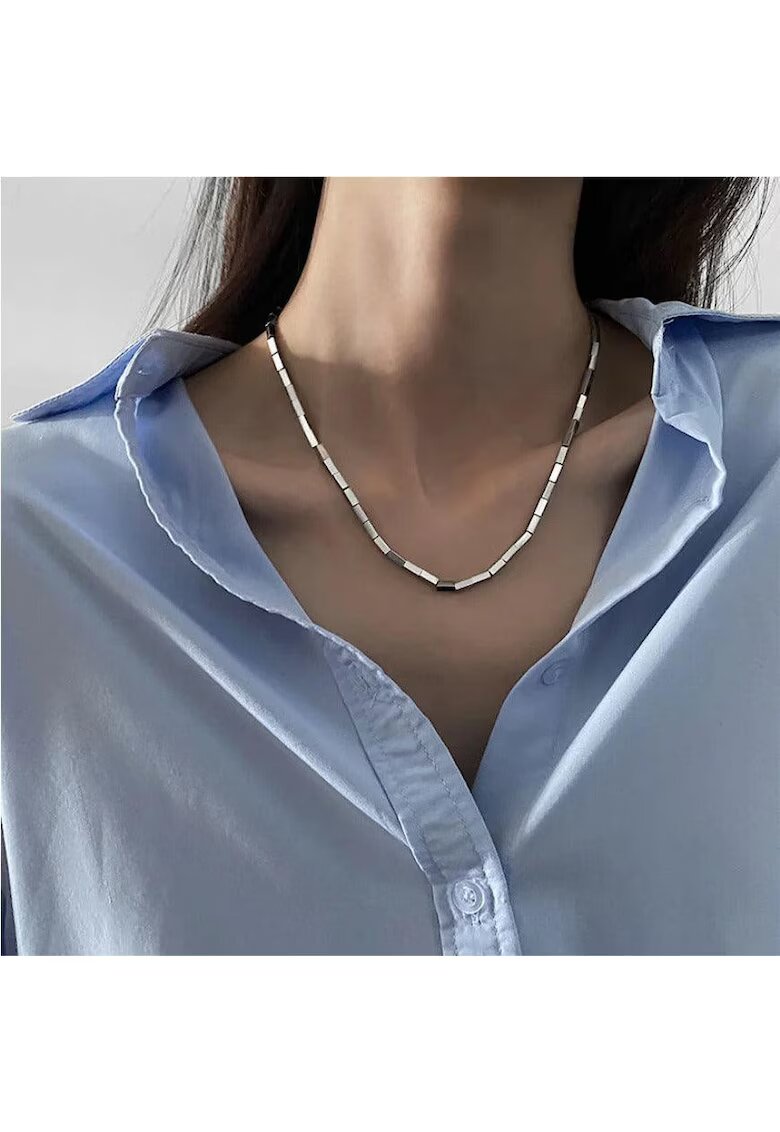 Pursehuit Colier argintiu din otel inoxidabil - cu piese geometrice - Amilia C1