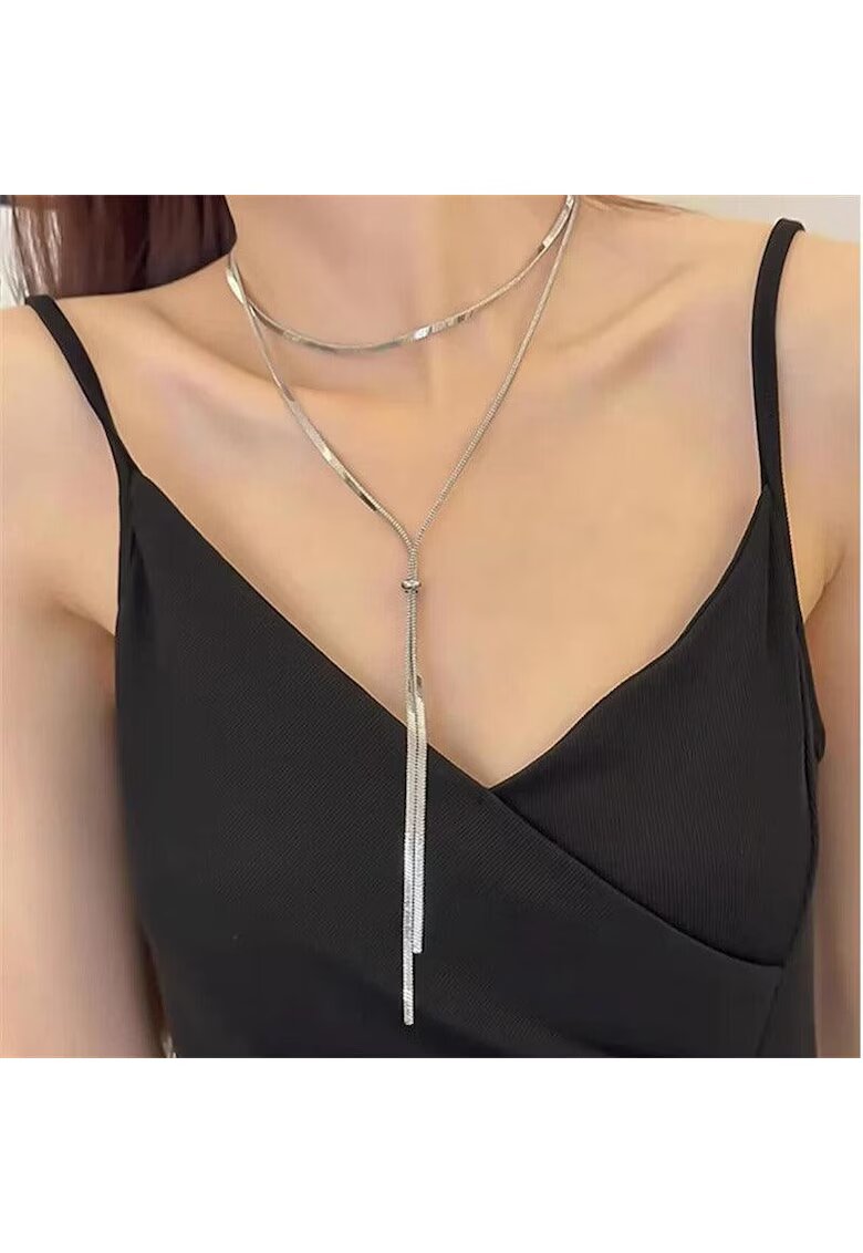 Pursehuit Colier argintiu din otel inoxidabil - lung - Aminda C1