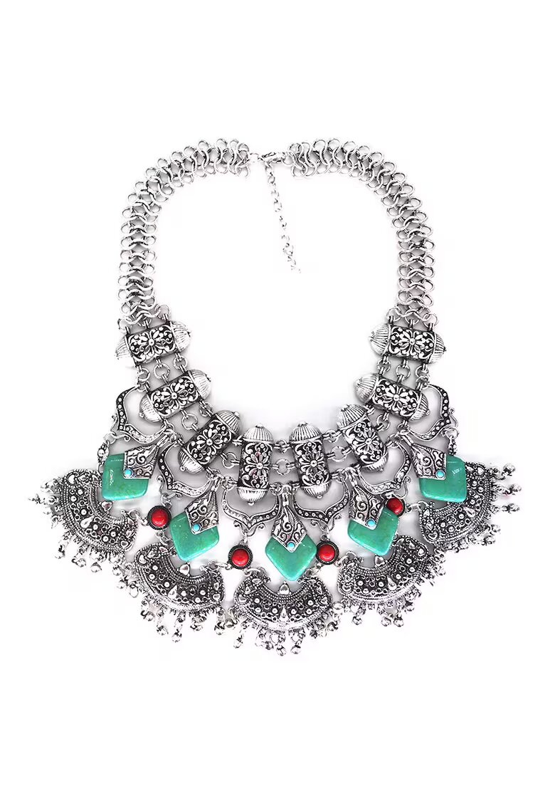 Pursehuit Colier argintiu - masiv - cu pietre turquoise si rosii - Hilve C1 -