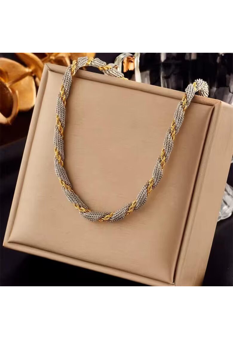Pursehuit Colier auriu cu insertii argintii din otel inoxidabil placat cu aur 18K PVD - impletit - Tuke C1