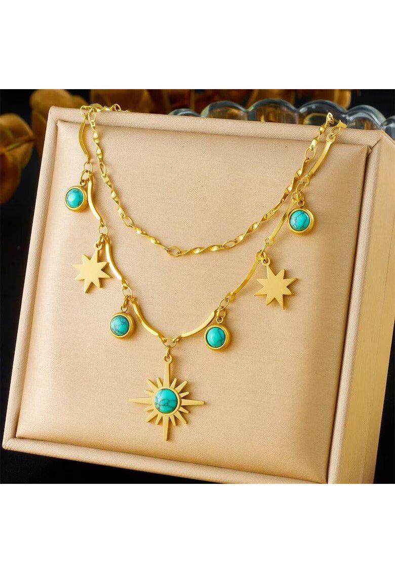 Pursehuit Colier auriu din otel inoxidabil placat cu aur 18K PVD - cu soare si stelute - Desire C9