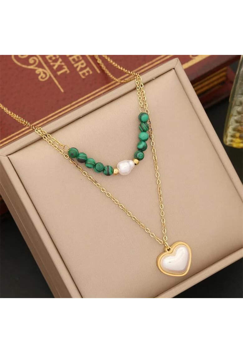 Pursehuit Colier auriu din otel inoxidabil placat cu aur 18K PVD - in doua straturi - cu inimioara - perle si margelute - Amelia C1