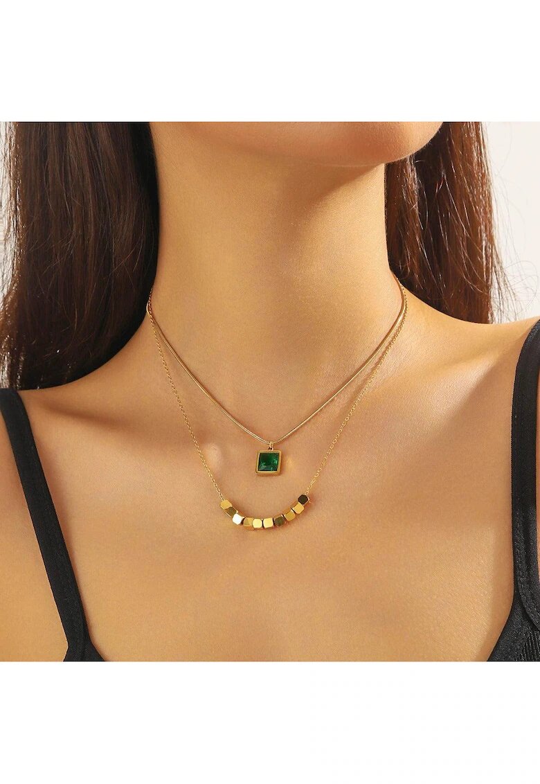 Pursehuit Colier auriu din otel inoxidabil placat cu aur 18K PVD - in doua straturi - cu piatra verde - Eimar C2