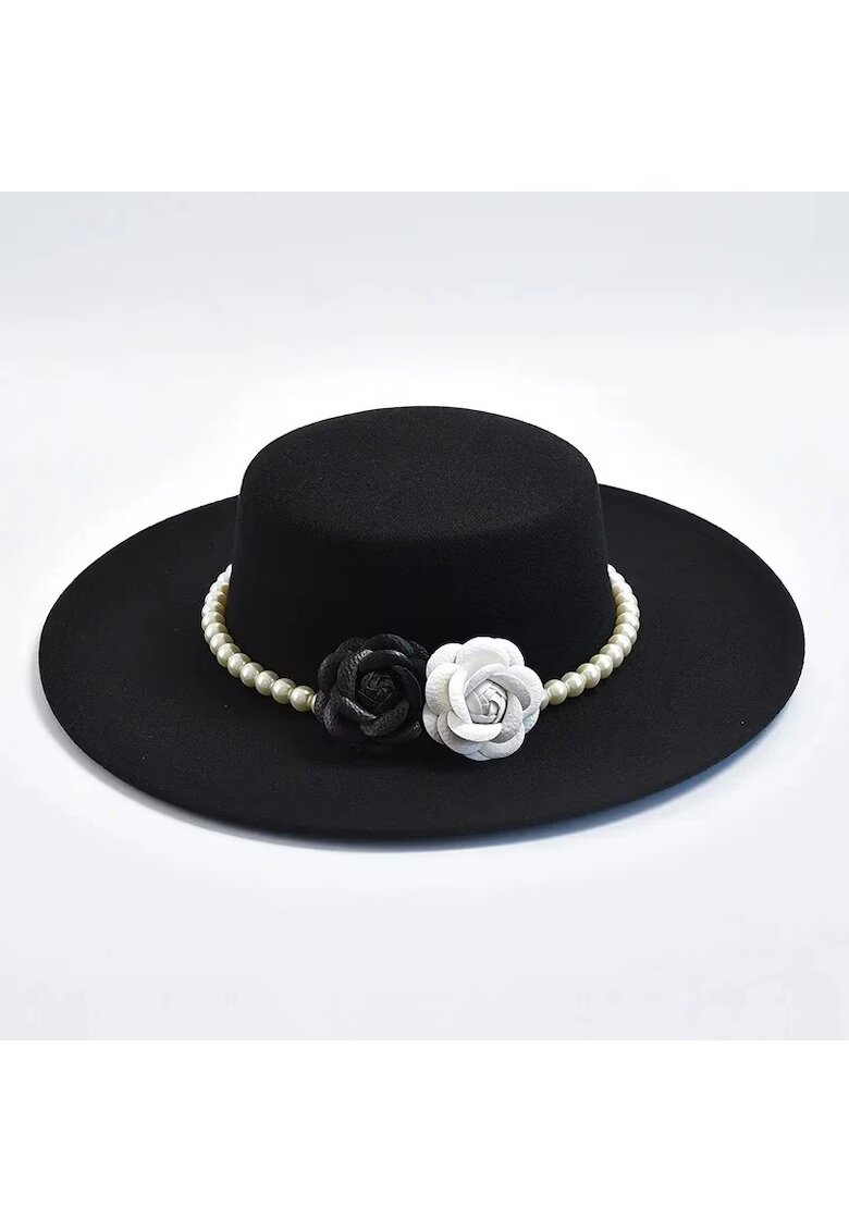 Pursehuit Palarie dama neagra - stil canotiera - bor lat - reglabila - cu flori si perle - Deisy