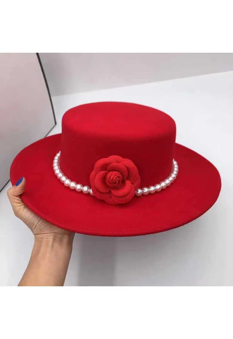 Pursehuit Palarie dama rosie - stil canotiera - bor lat - reglabila - cu accesoriu detasabil din perle - Grimkel