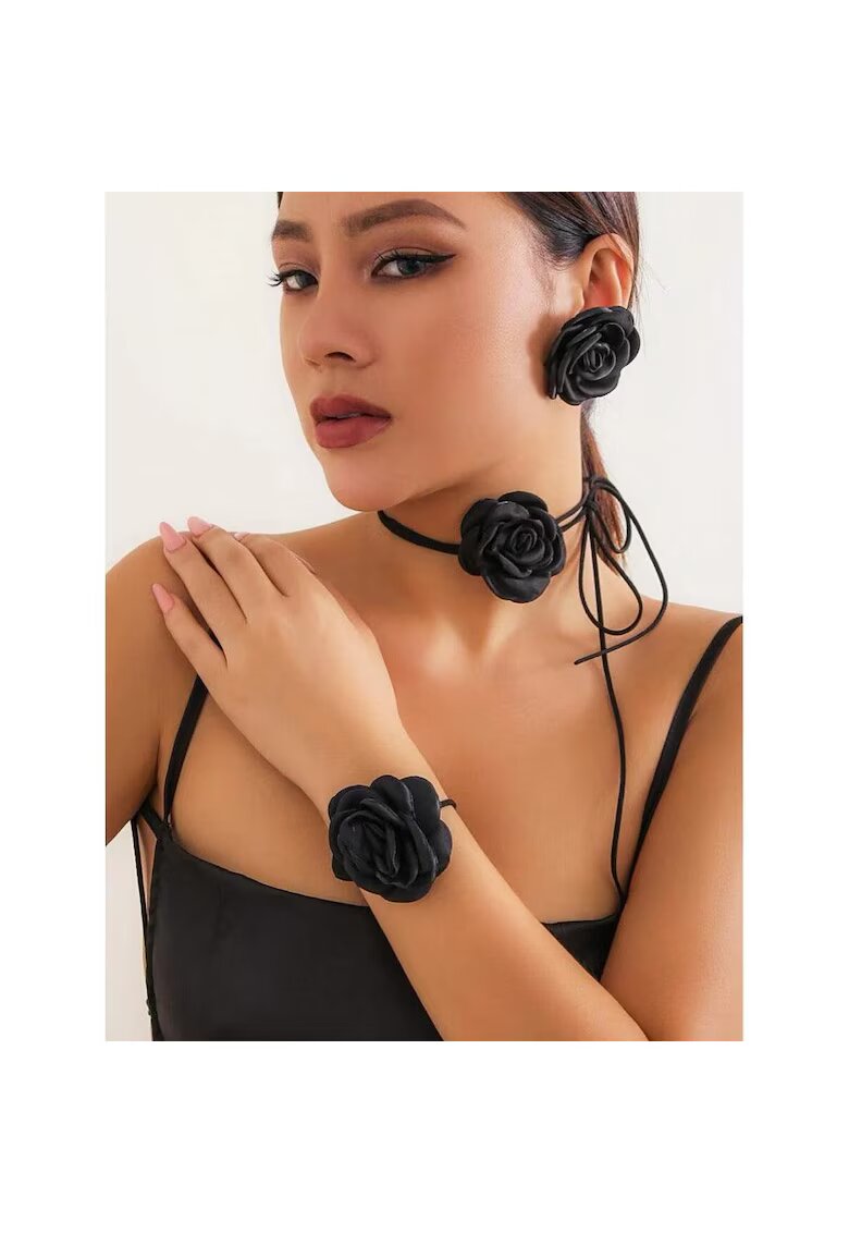 Pursehuit Set bijuterii choker negru cu flori - colier - bratara si cercei - Jouko C19