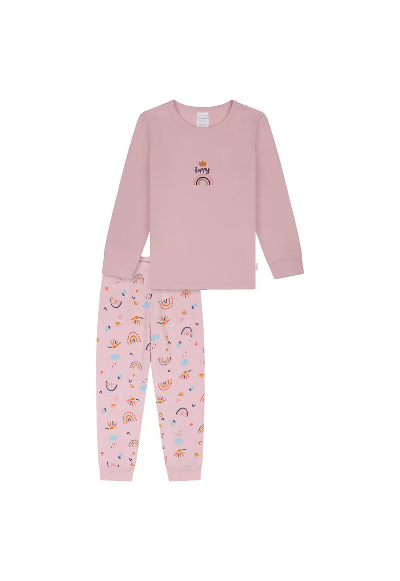 Schiesser Pijama cu decolteu la baza gatului si pantaloni cu imprimeu - Roz pastel