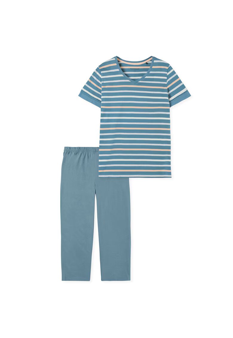 Schiesser Pijama de bumbac cu pantaloni trei sferturi - Albastru deschis