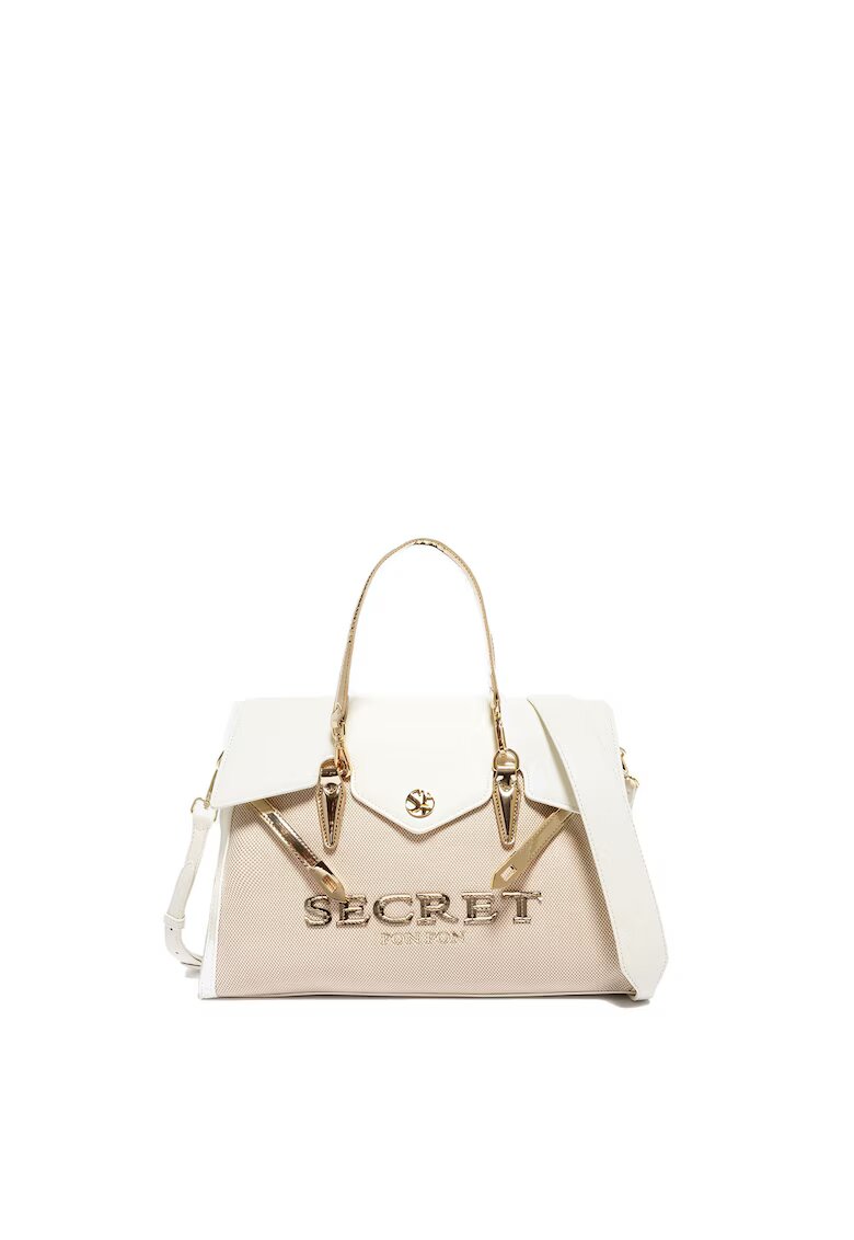  SECRET PON PON - Geanta din piele ecologica cu maner Eglantine Chic - Alb/Maro nisip