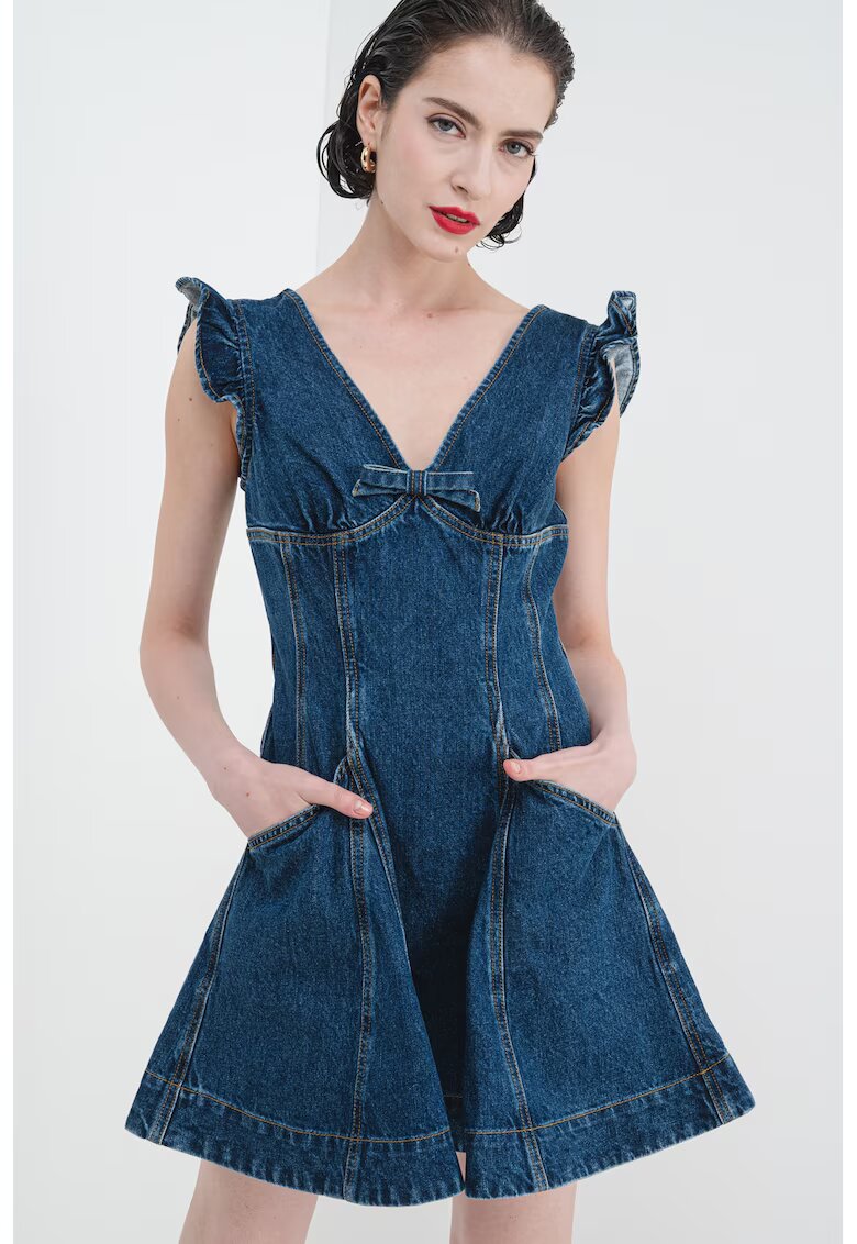 SELF-PORTRAIT Rochie evazata de denim - Albastru inchis