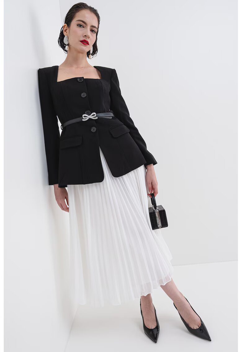 SELF-PORTRAIT Rochie midi cu model 2in1 si curea - Negru/Alb murdar