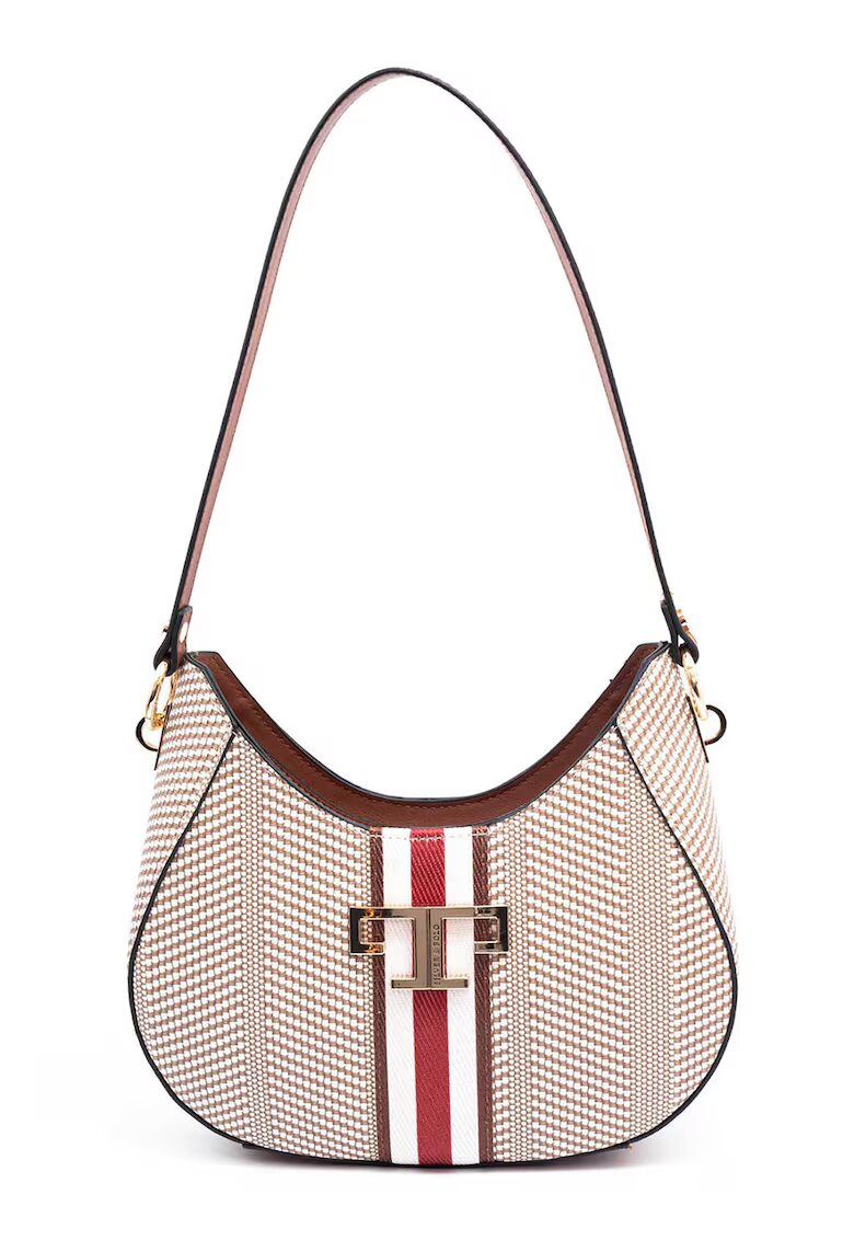 SilverPolo Geanta de piele ecologica cu bareta de umar si model - Alb - Alb/Maro - 15x24x7
