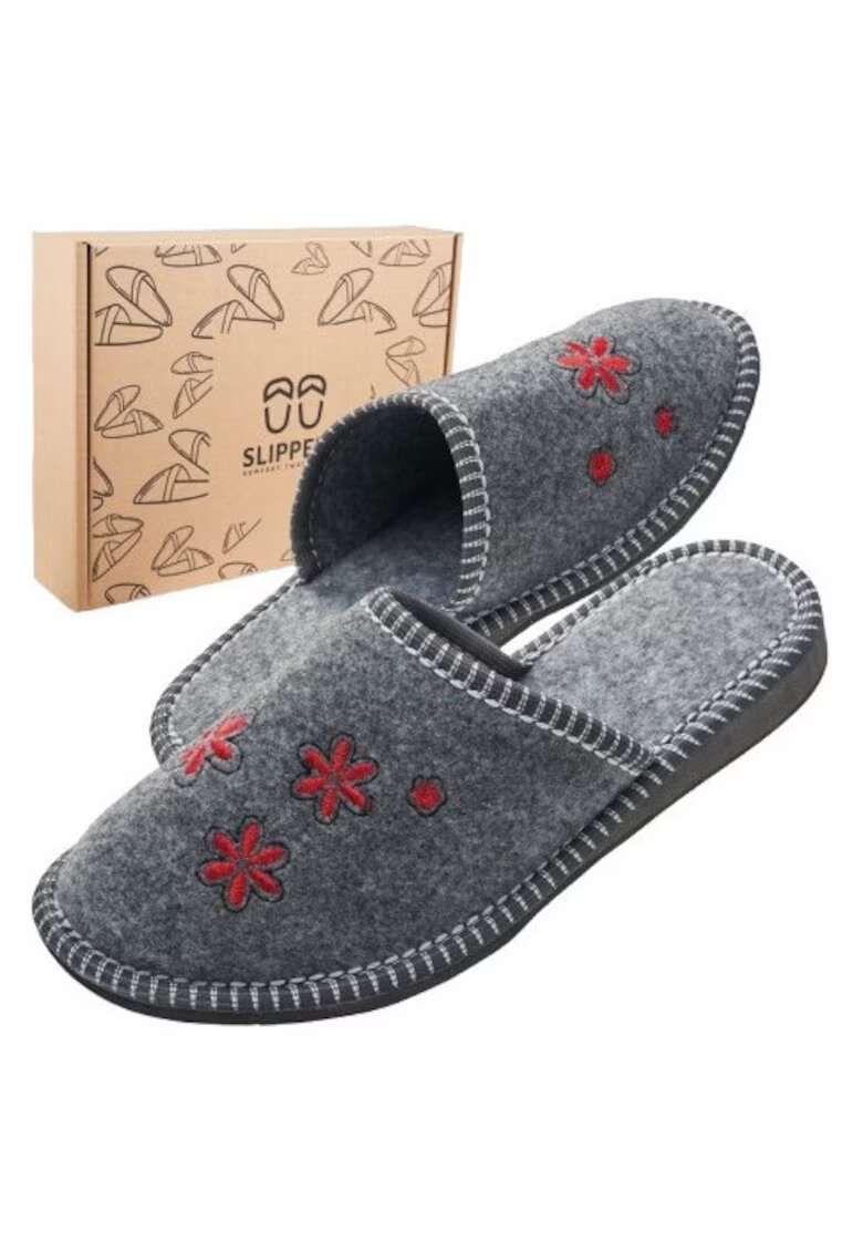 Slippers Papuci de casa pentru femei - din fetru gri cu flori - SLIP119 - confortabili - intr-o cutie ecologica - - Gri