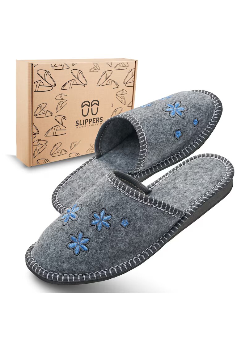 Slippers Papuci de dama - din fetru gri cu flori albastre - confortabili - in cutie ecologica - - Gri
