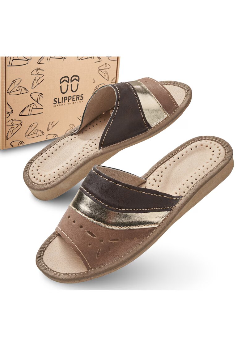 Slippers Slapi de dama - SLIP117 - pentru casa - maro cu bareta aurie - confortabili - in cutie ecologica - - Maro