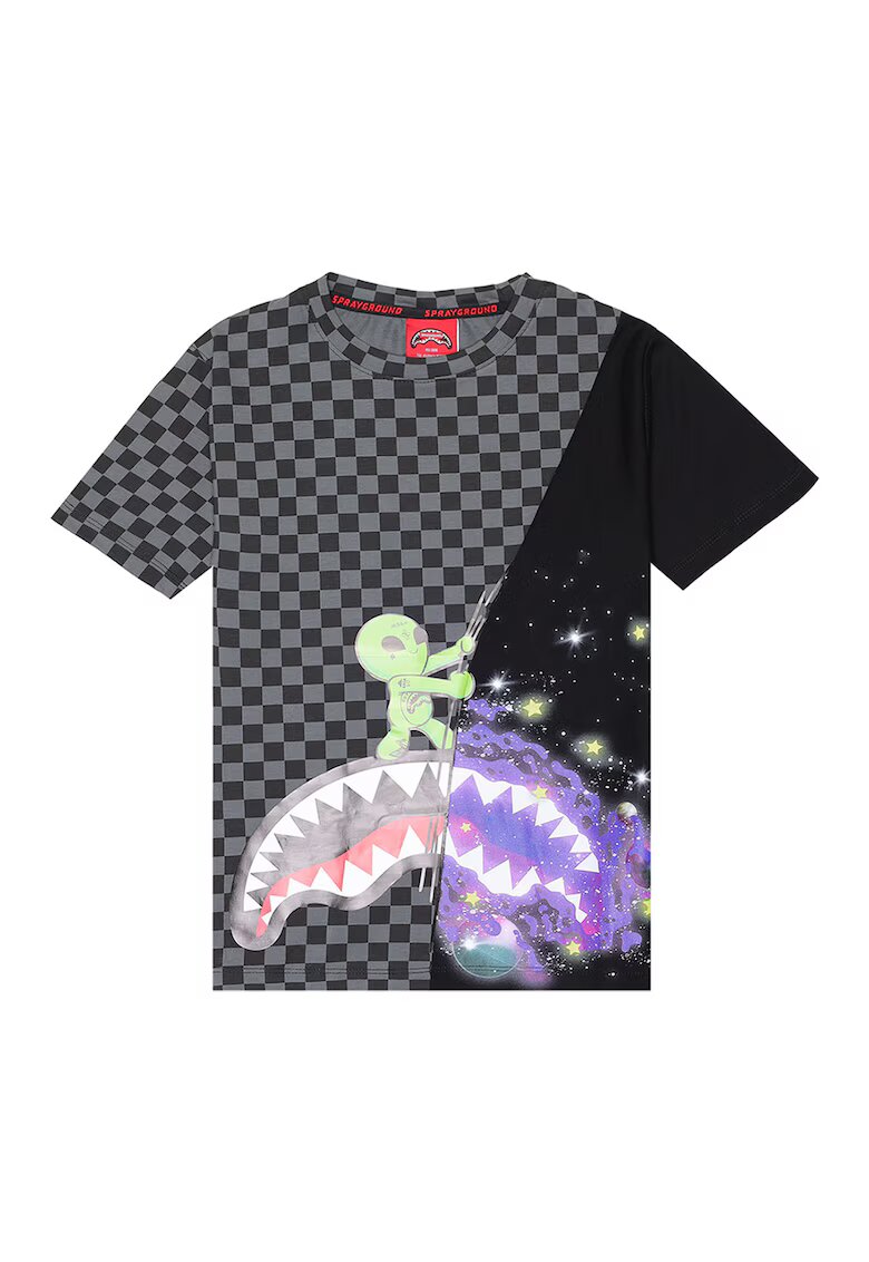 Sprayground Tricou cu decolteu la baza gatului si model in carouri Cosmic Ray - Negru/Violet deschis/Gri inchis