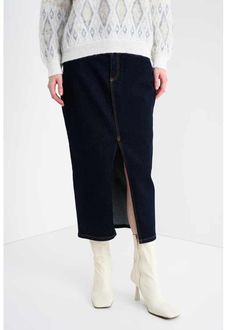 Stefanel Fusta de denim cu slit pe partea din fata - Bleumarin