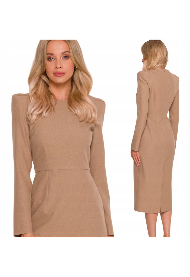 Stylove Rochie midi - S412 Bej Decolteu rotund functional - Maneci lungi - Fermoar ascuns la spate - Bej