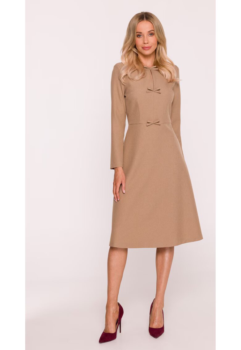 Stylove Rochie midi - S413 Bej decolteu maneci lungi - decorative - Poliester - Trapezoidala - Bej