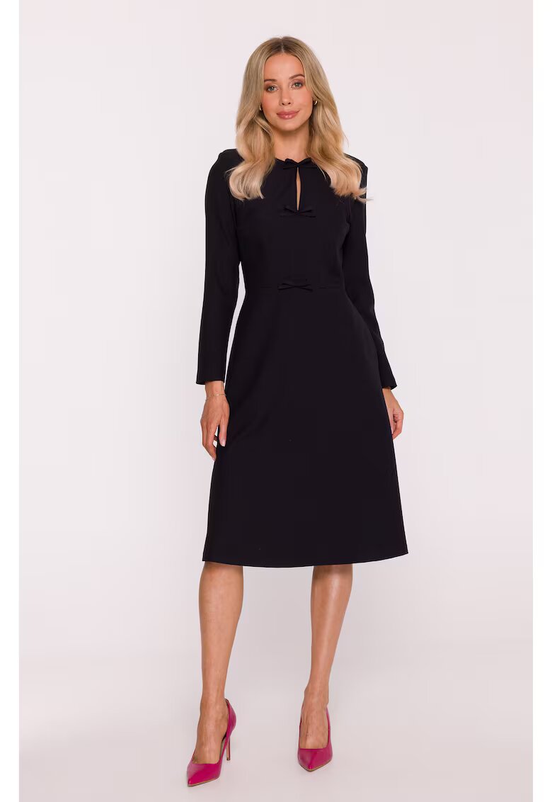 Stylove Rochie midi - S413 neagra decolteu rotund - maneci lungi - funde decorative - buzunare laterale - fermoar la spate - zi cu zi - Negru