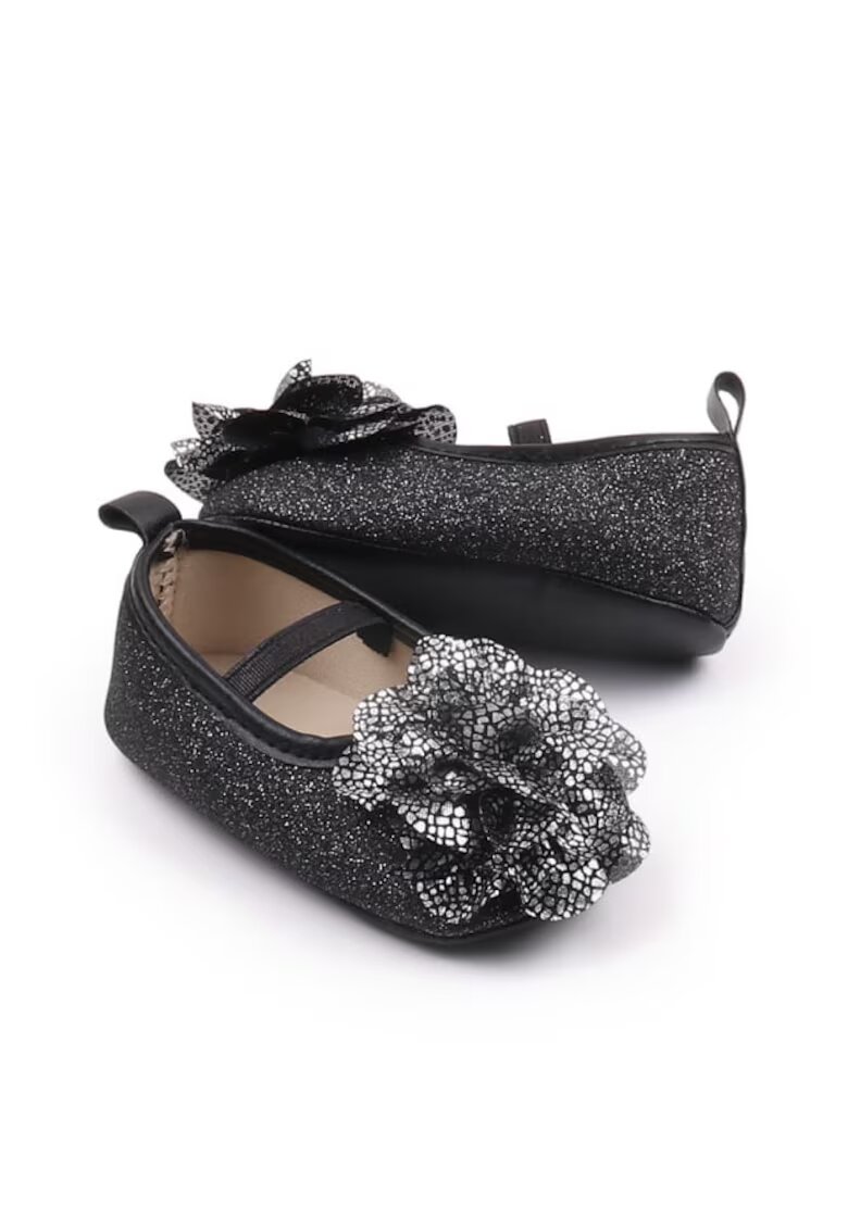 Superbaby Pantofi Eleganti - Cu Sclipici Si Floare Argintie - Piele ecologica - Fete - Banda elastica - Negru