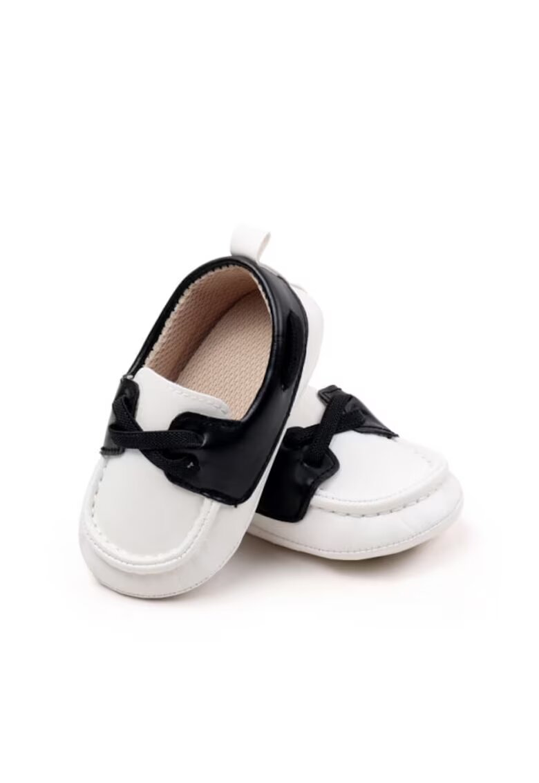 Superbaby Pantofi tip mocasini Model AL 18870 - Pentru bebelusi - Piele ecologica - Baieti - Alb cu negru - Alb/Negru