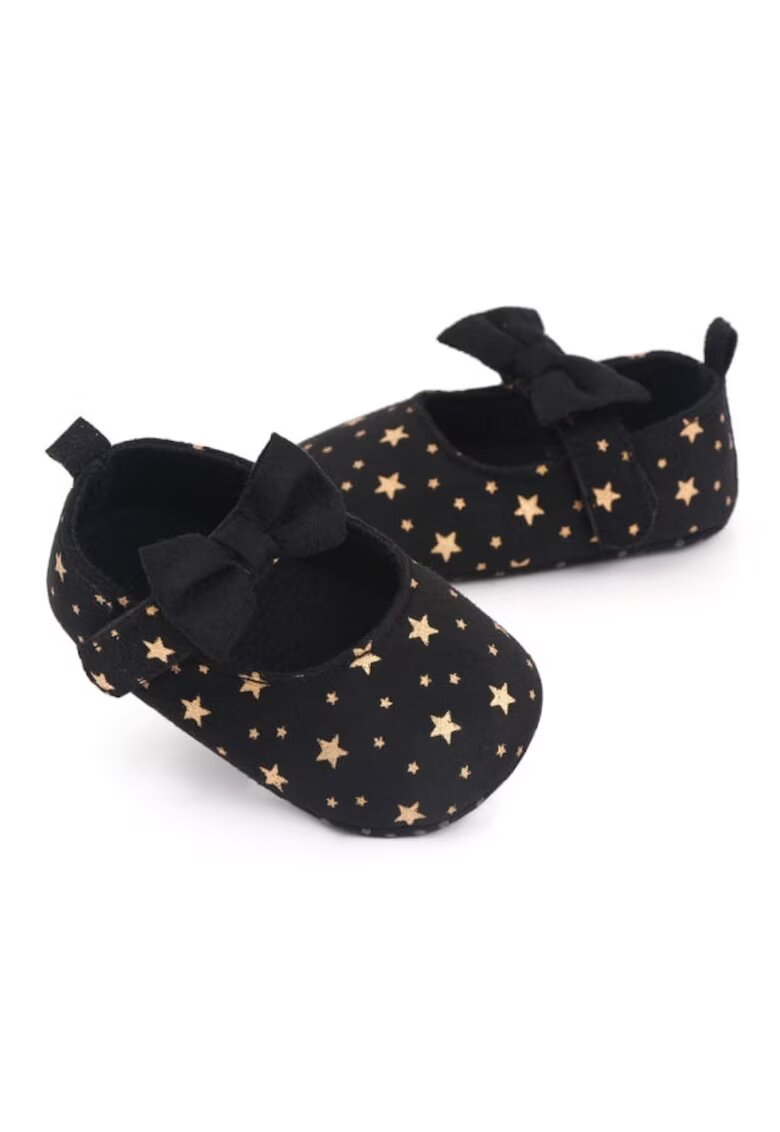 SuperBebeShop Pantofi Cu Stelute Aurii Si Fundita - Casual - Textil - Fete - Velcro - Negru
