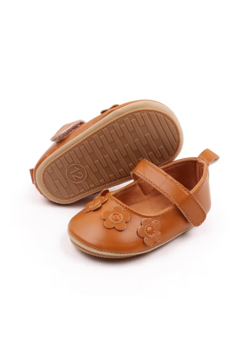 SuperBebeShop Pantofi SuperBaby - Model AL 13417 cu flori aplicate - Piele ecologica - Fete - 6-9 luni - Maro -
