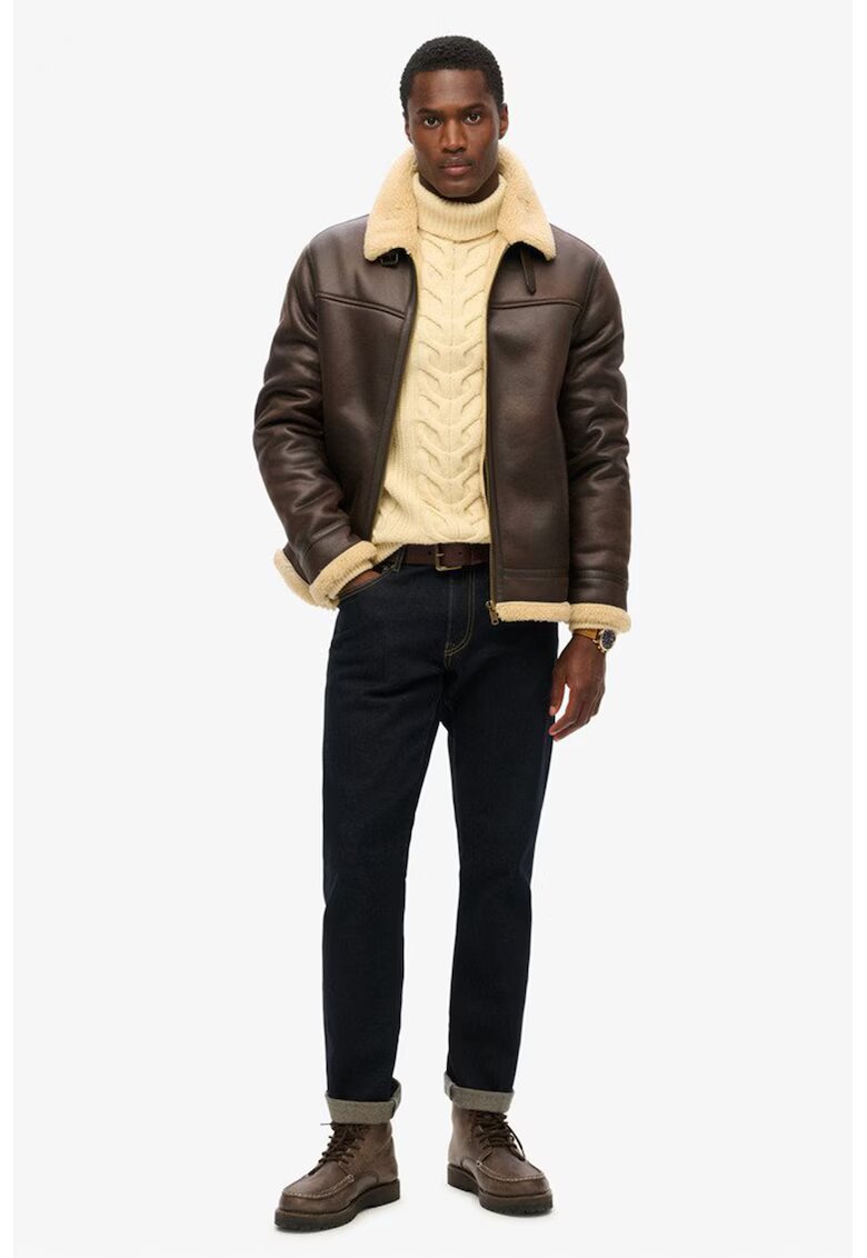 Superdry  Co SUPERDRY - Jacheta din piele ecologica cu captuseala din material teddy - Maro inchis
