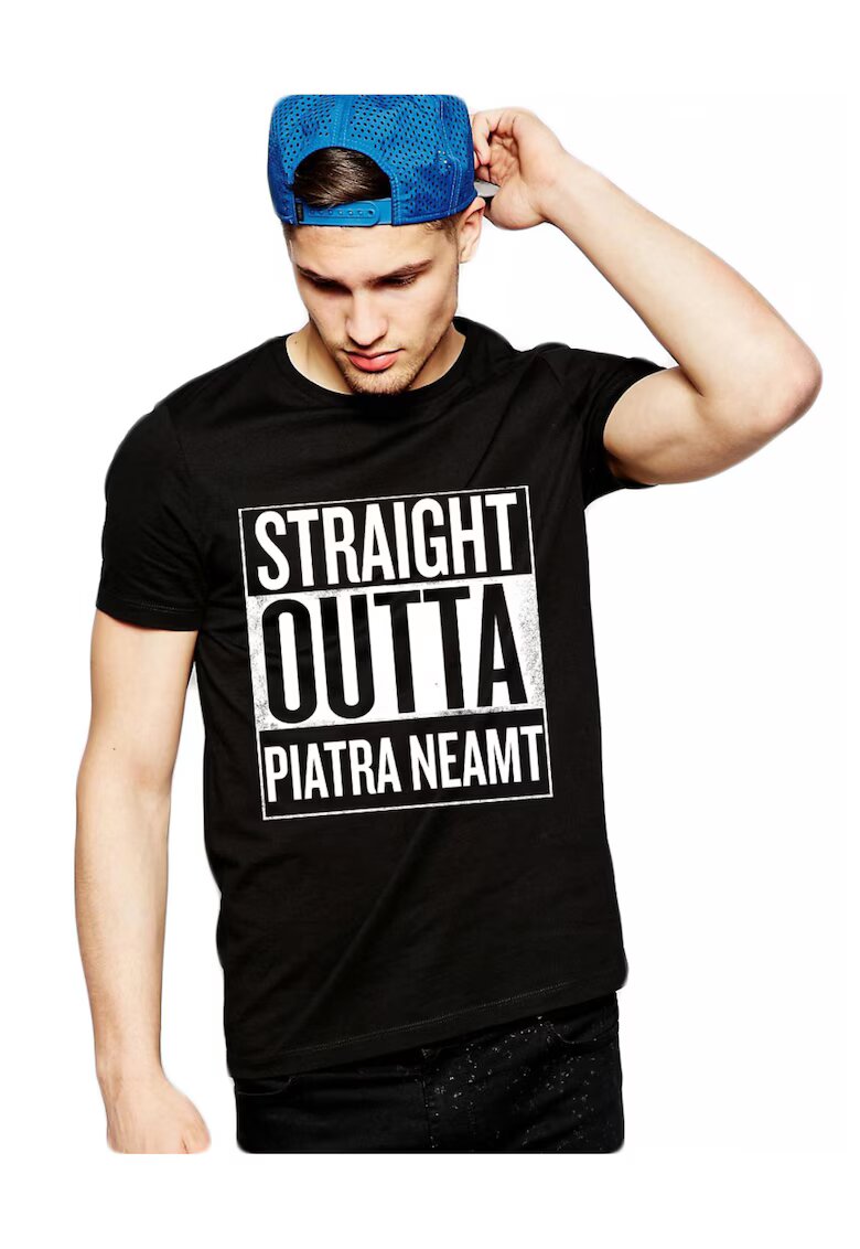 THEICONIC Tricou negru barbati - Straight Outta Piatra Neamt - Alb