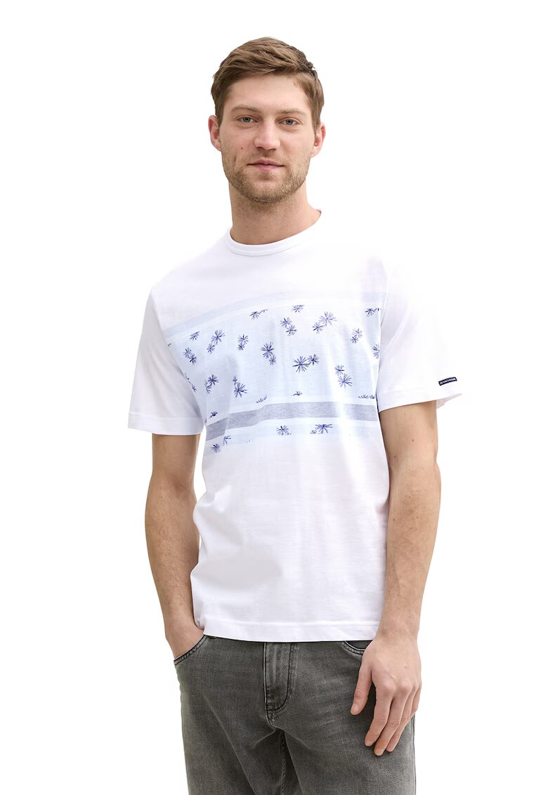 Tom Tailor Tricou cu decolteu la baza gatului si imprimeu - Alb/Albastru deschis