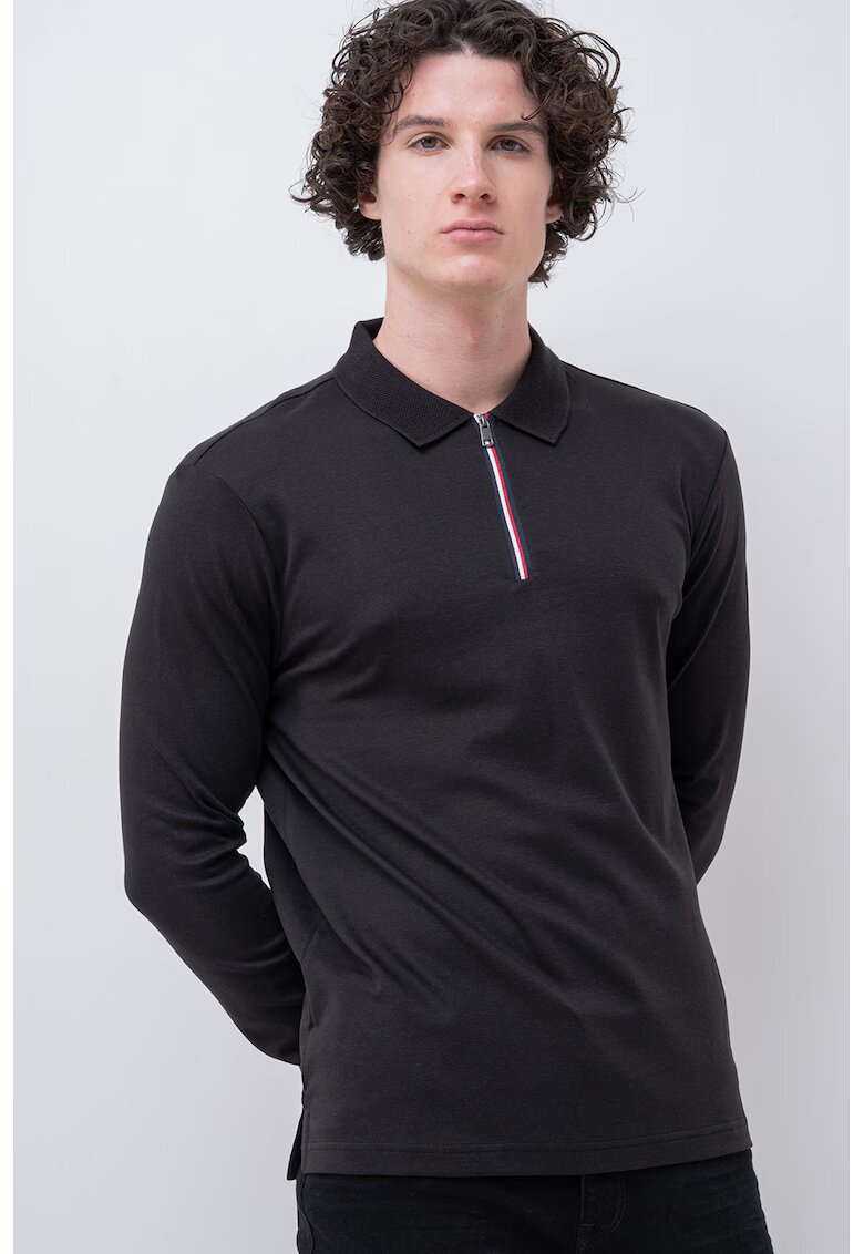 Tommy Hilfiger Bluza polo cu fenta cu fermoar - Negru