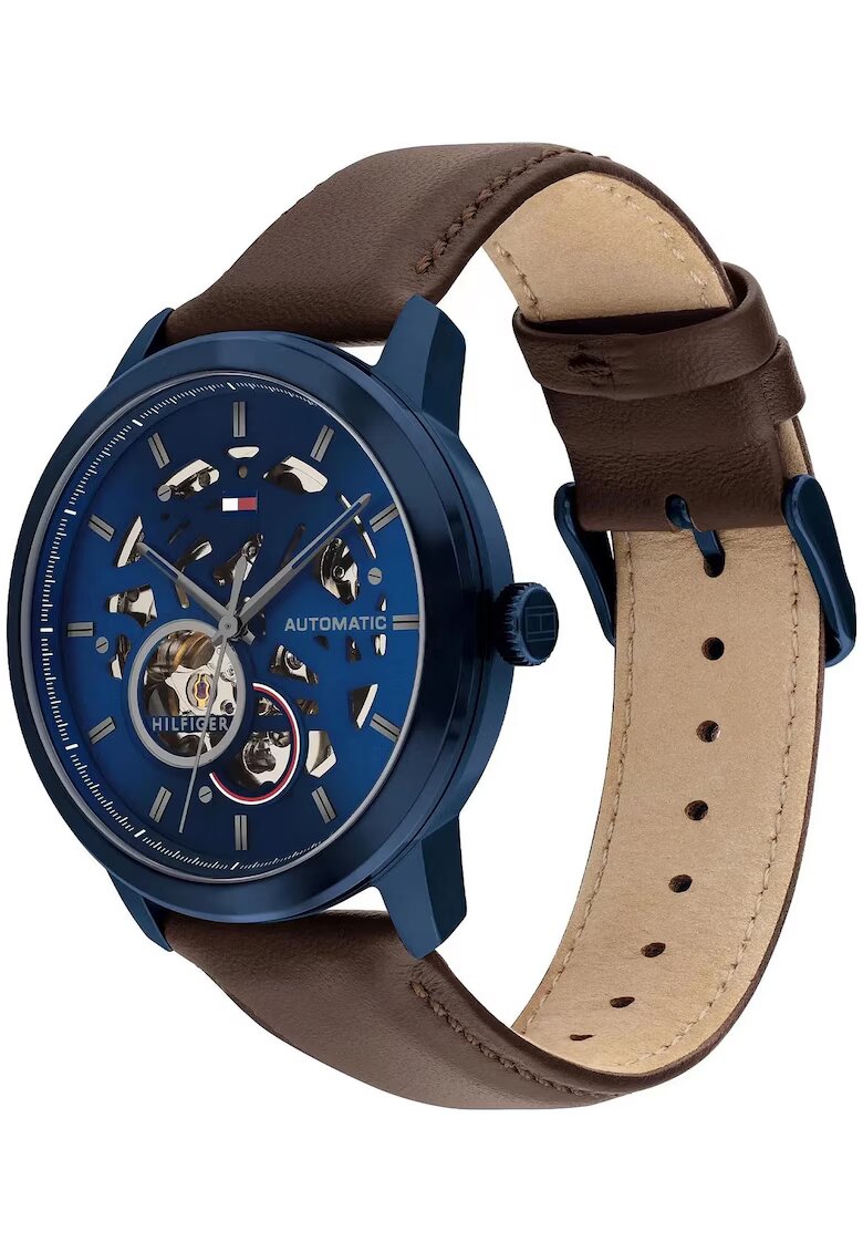 Tommy Hilfiger Ceas Henry Open Heart Automatic - mecanism Seagull TY2836 - albastru navy - curea din piele maro - rezistent la apa 50m