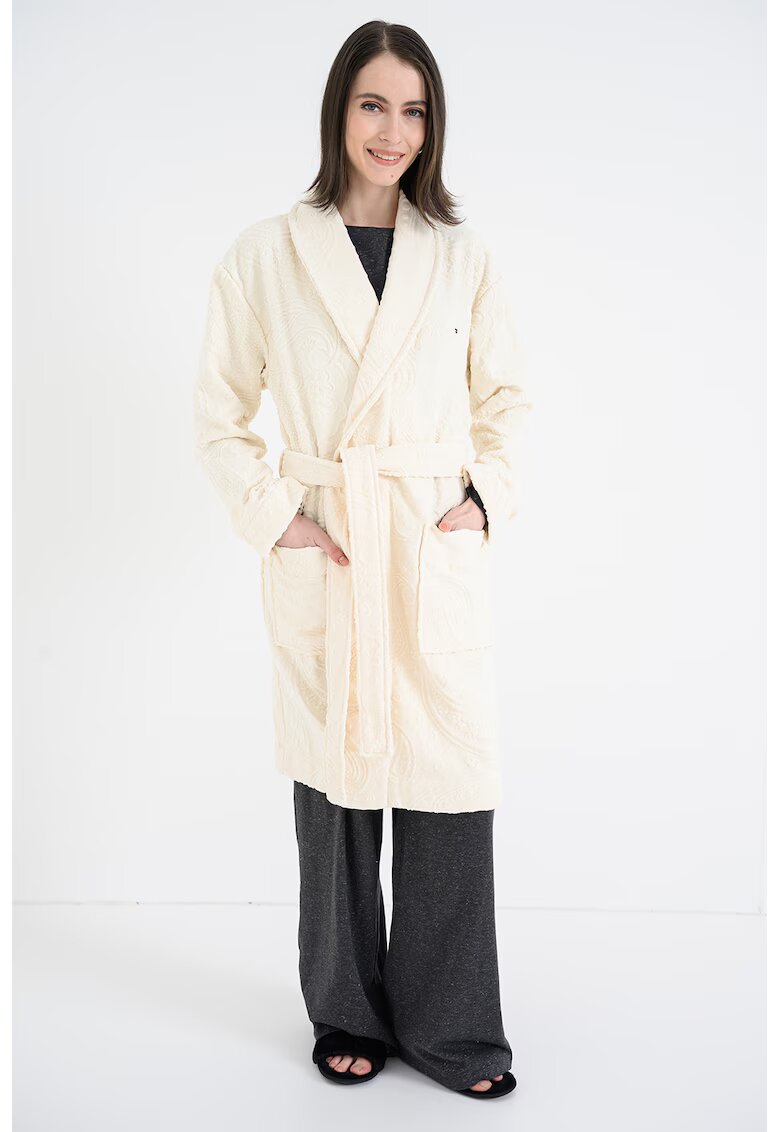 Tommy Hilfiger Halat de baie cu model uni si prindere cu cordon - Crem