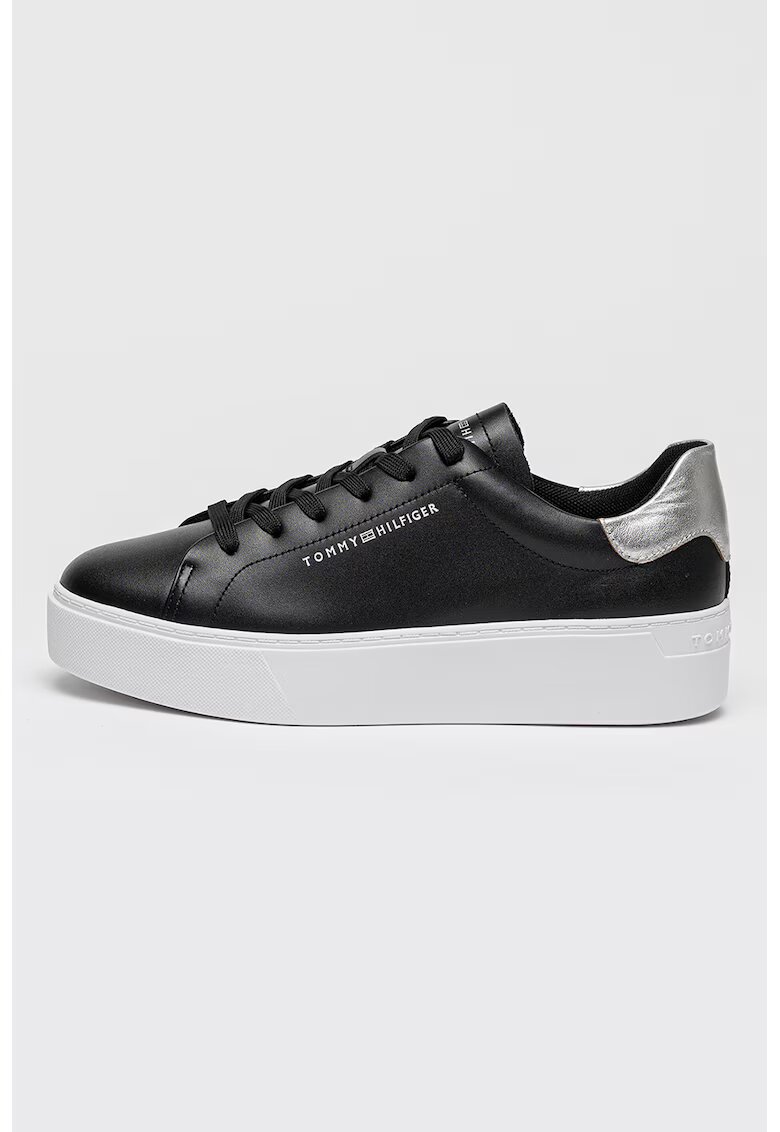 Tommy Hilfiger Pantofi sport flatform de piele cu logo - Negru/Argintiu