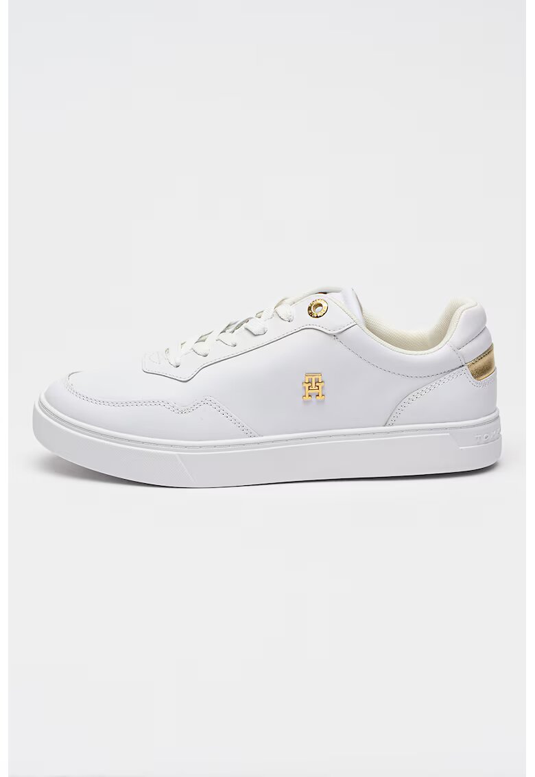 Tommy Hilfiger Pantofi sport low-cut de piele cu logo metalic - Alb/Auriu