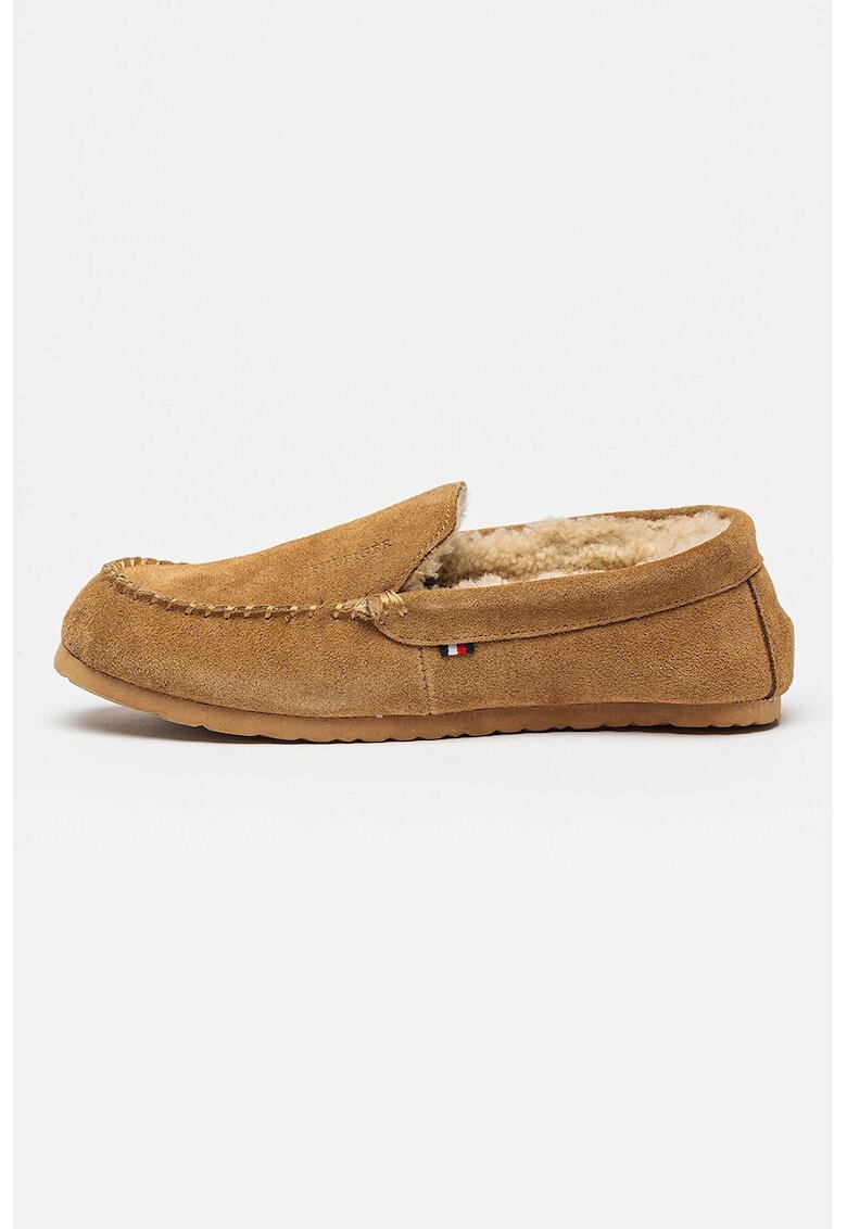 Tommy Hilfiger Papuci de casa din piele intoarsa cu captuseala din material teddy Shirling House - Maro nisip