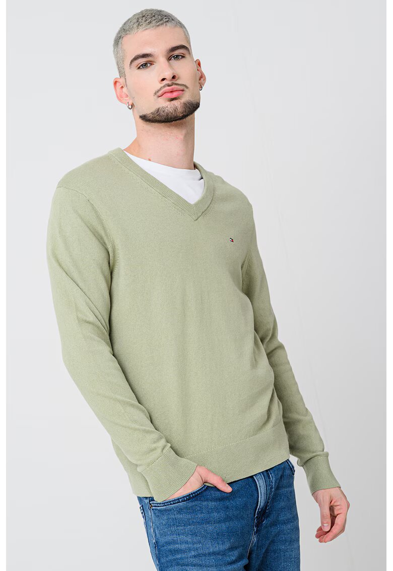 Tommy Hilfiger Pulover din amestec de bumbac organic si casmir cu decolteu in V - Verde sparanghel